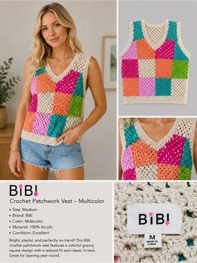 BiBi Crochet Patchwork Sweater Vest Medium Multicolor Granny Square Boho Knit